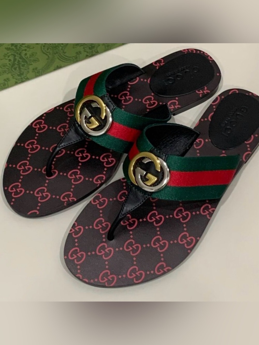 Black Sandal Thong with Green & Red Stripes and Gold Logo